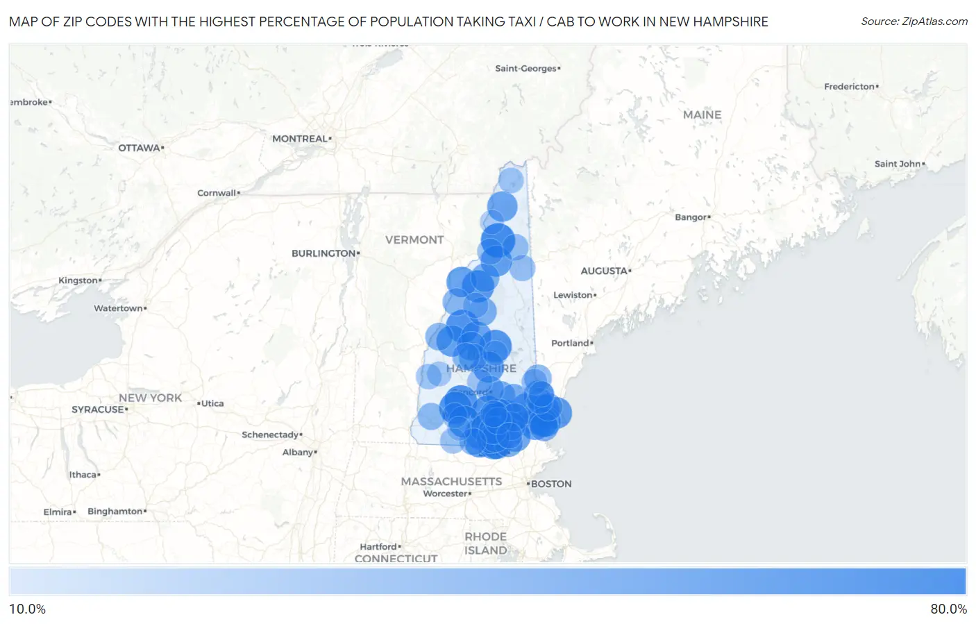 Zip Codes with the Highest Percentage of Population Taking Taxi / Cab to Work in New Hampshire Map