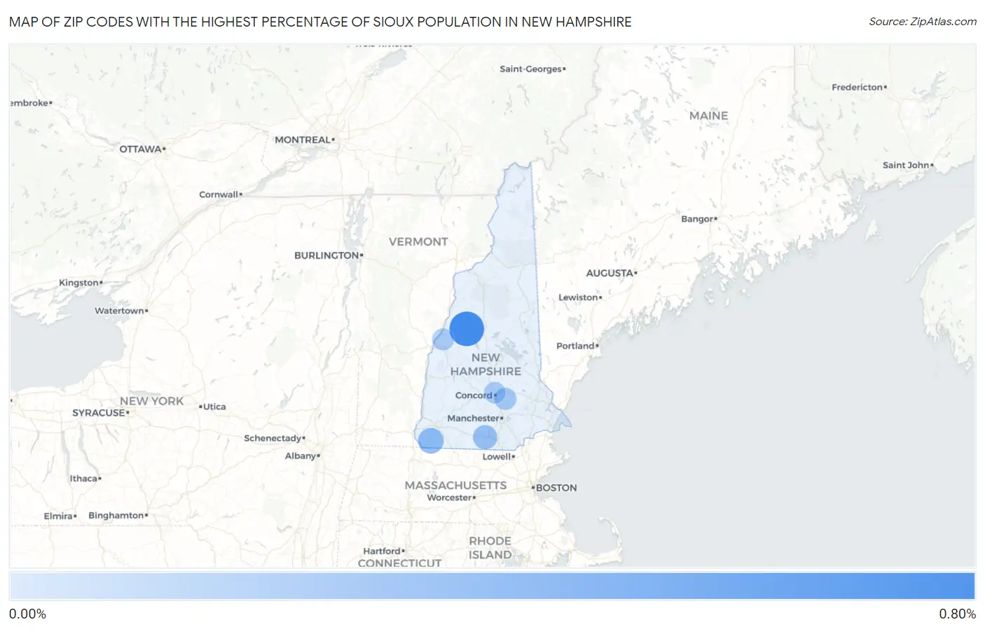 Zip Codes with the Highest Percentage of Sioux Population in New Hampshire Map