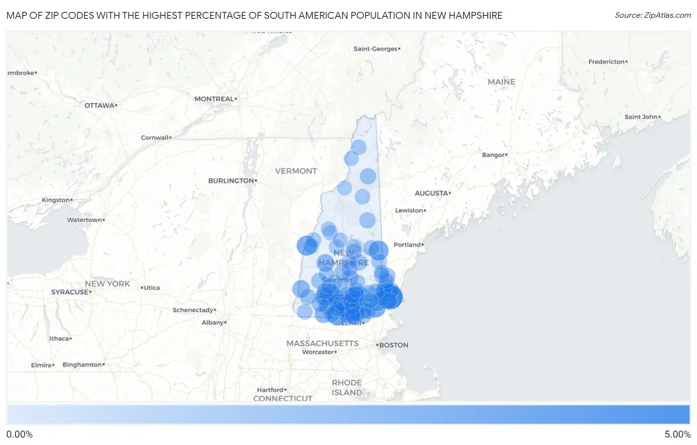 Zip Codes with the Highest Percentage of South American Population in New Hampshire Map