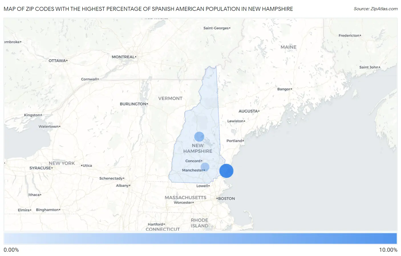 Zip Codes with the Highest Percentage of Spanish American Population in New Hampshire Map