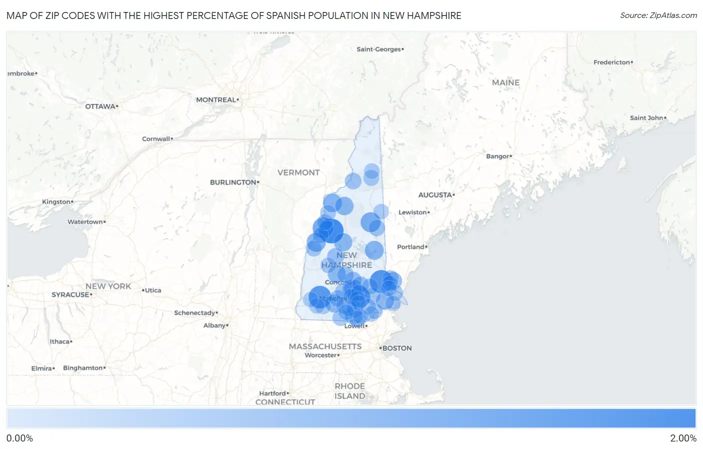 Zip Codes with the Highest Percentage of Spanish Population in New Hampshire Map