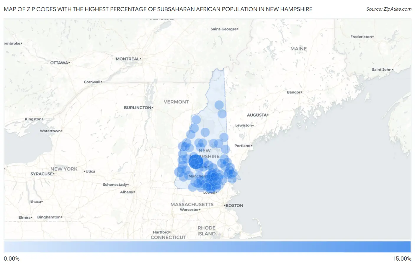 Zip Codes with the Highest Percentage of Subsaharan African Population in New Hampshire Map