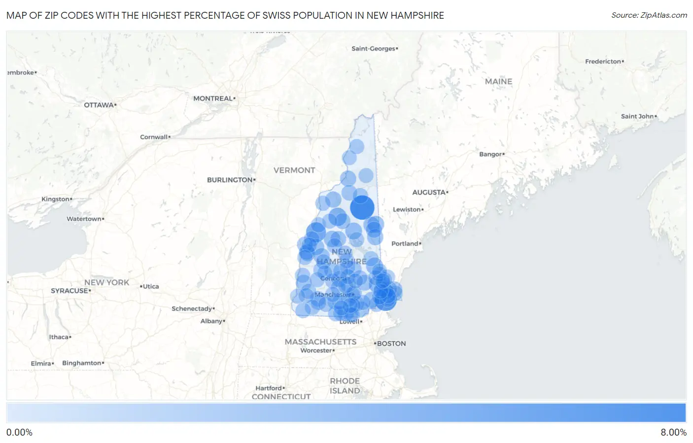 Zip Codes with the Highest Percentage of Swiss Population in New Hampshire Map