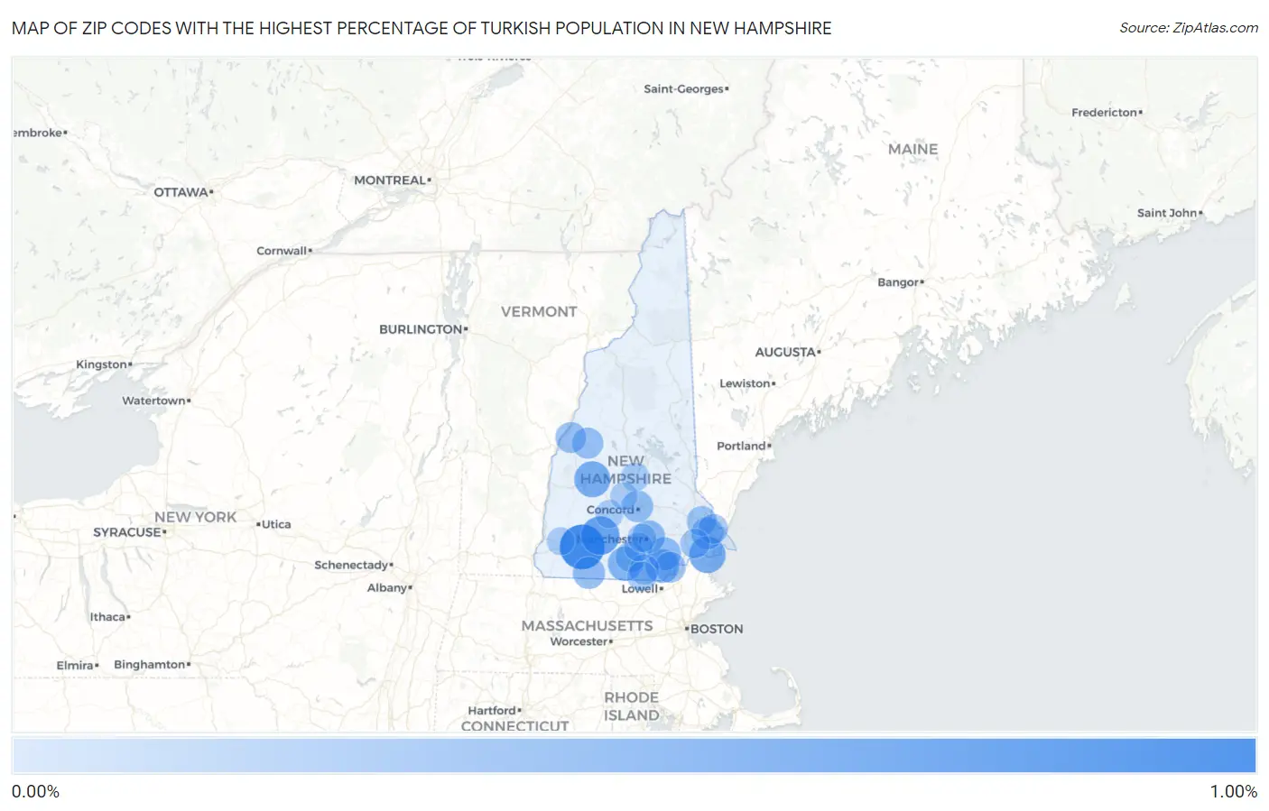 Zip Codes with the Highest Percentage of Turkish Population in New Hampshire Map