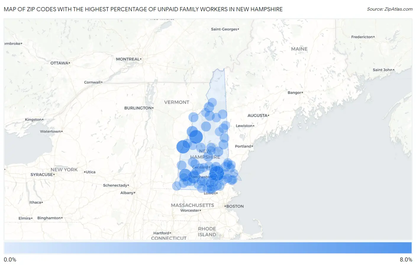 Zip Codes with the Highest Percentage of Unpaid Family Workers in New Hampshire Map