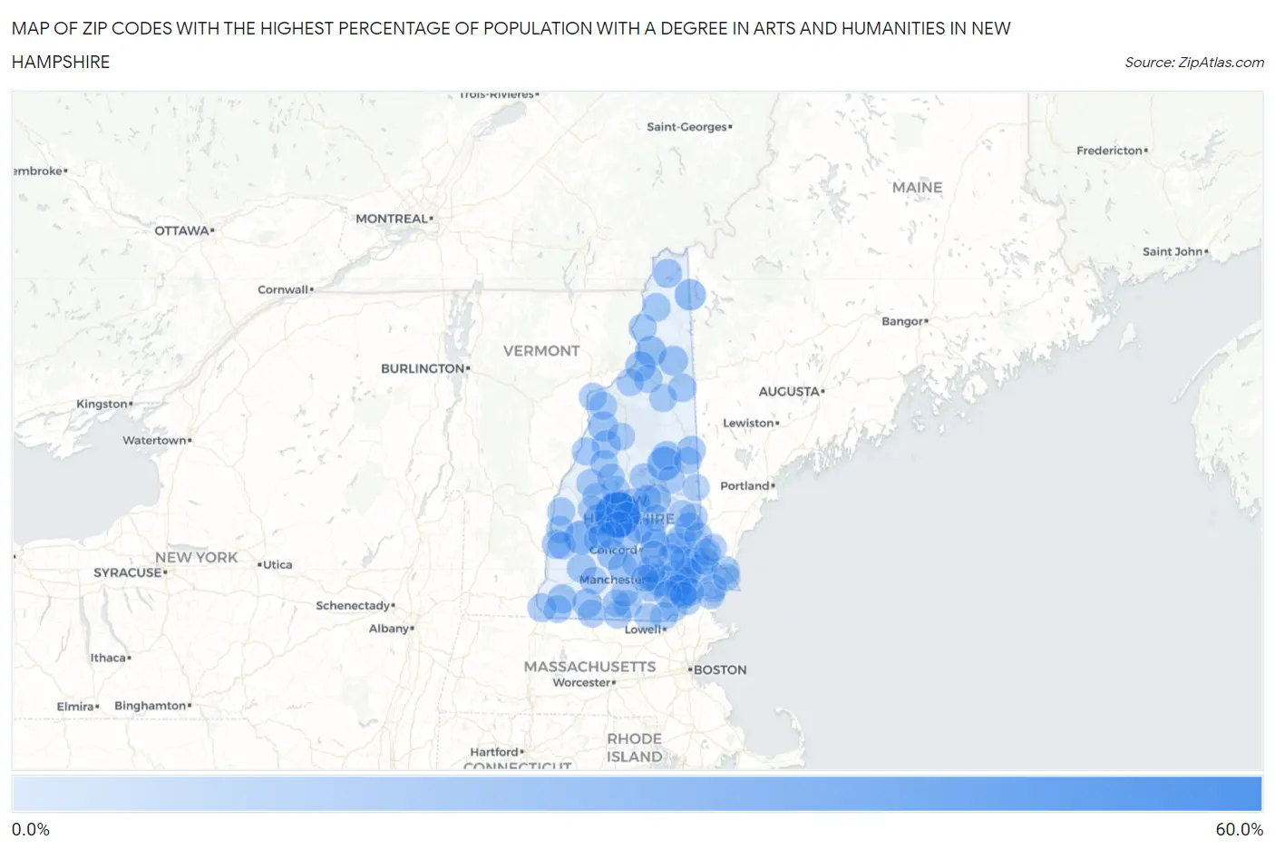 Zip Codes with the Highest Percentage of Population with a Degree in Arts and Humanities in New Hampshire Map