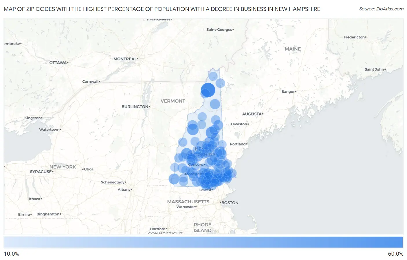 Zip Codes with the Highest Percentage of Population with a Degree in Business in New Hampshire Map