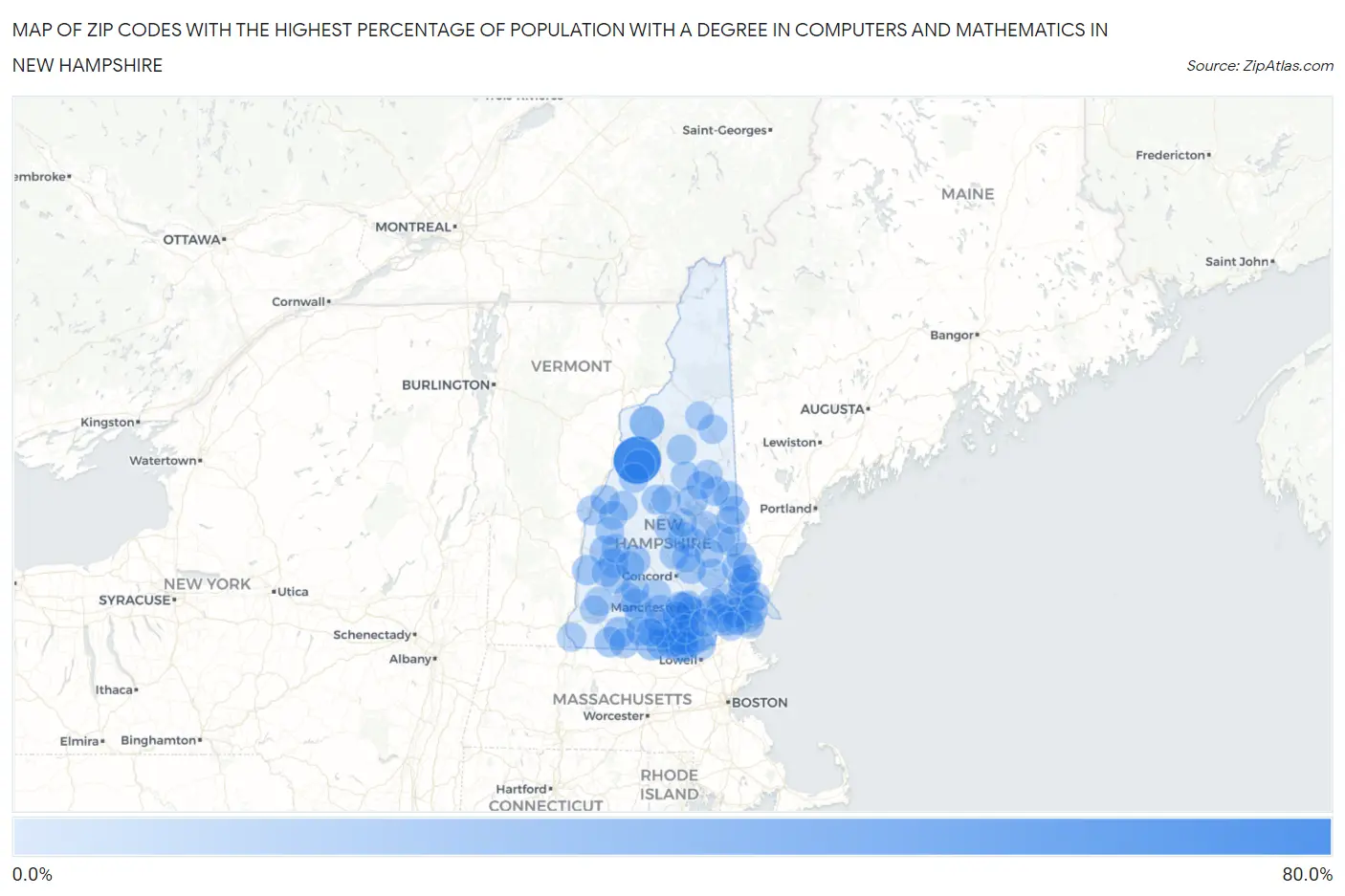 Zip Codes with the Highest Percentage of Population with a Degree in Computers and Mathematics in New Hampshire Map