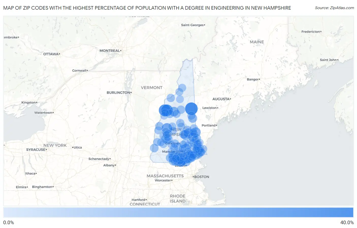 Zip Codes with the Highest Percentage of Population with a Degree in Engineering in New Hampshire Map