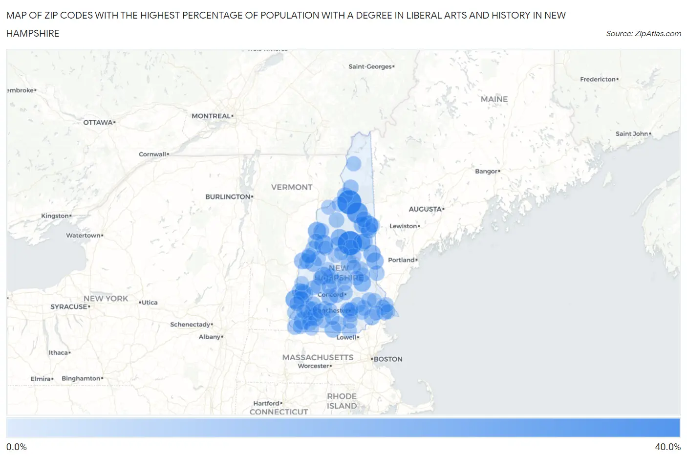 Zip Codes with the Highest Percentage of Population with a Degree in Liberal Arts and History in New Hampshire Map