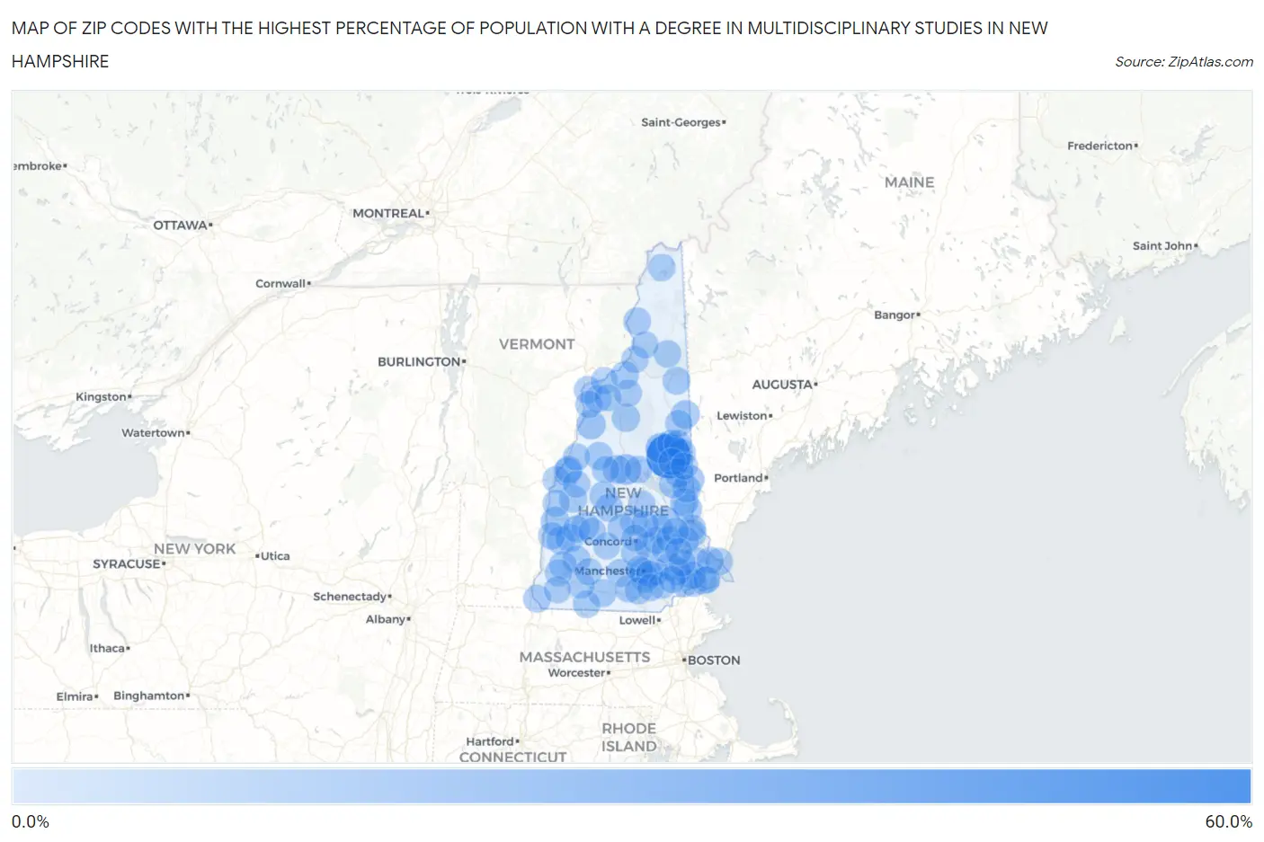 Zip Codes with the Highest Percentage of Population with a Degree in Multidisciplinary Studies in New Hampshire Map