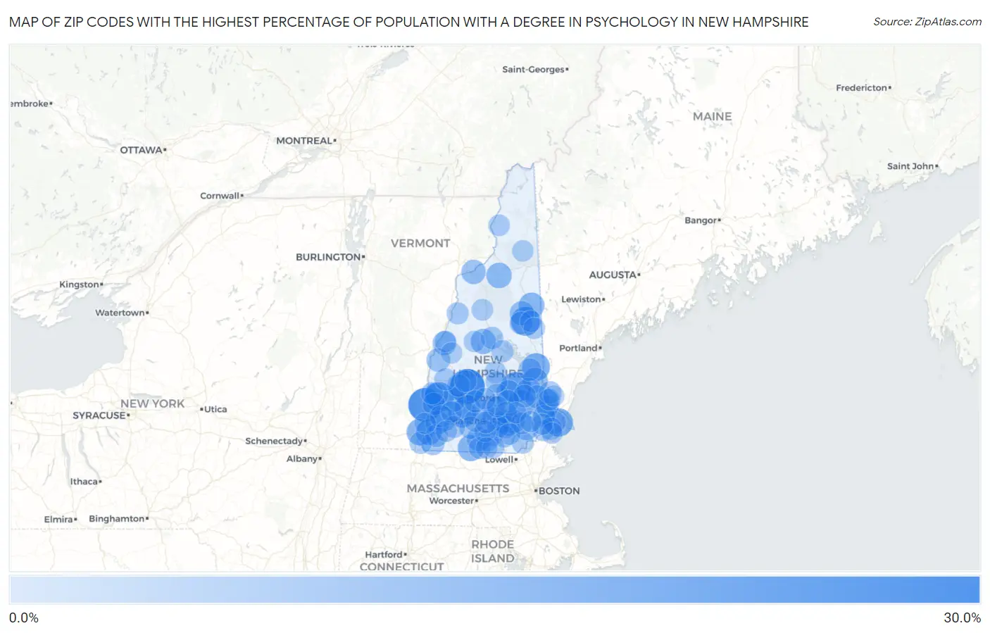 Zip Codes with the Highest Percentage of Population with a Degree in Psychology in New Hampshire Map