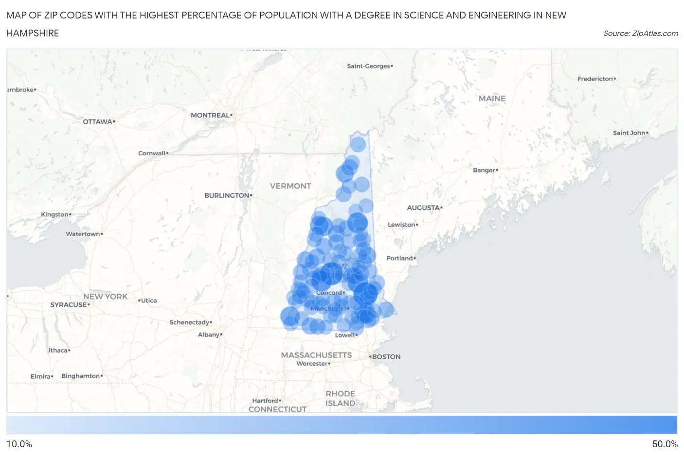 Zip Codes with the Highest Percentage of Population with a Degree in Science and Engineering in New Hampshire Map