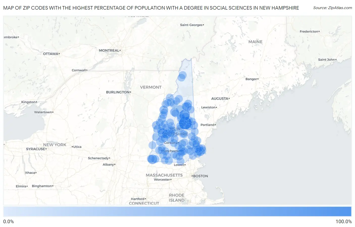 Zip Codes with the Highest Percentage of Population with a Degree in Social Sciences in New Hampshire Map