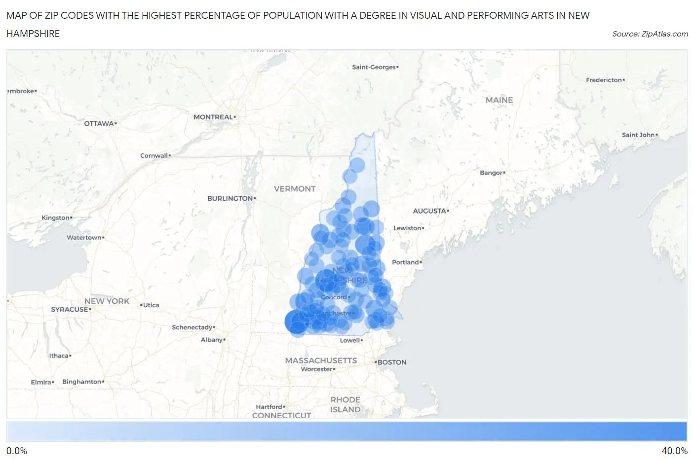 Zip Codes with the Highest Percentage of Population with a Degree in Visual and Performing Arts in New Hampshire Map