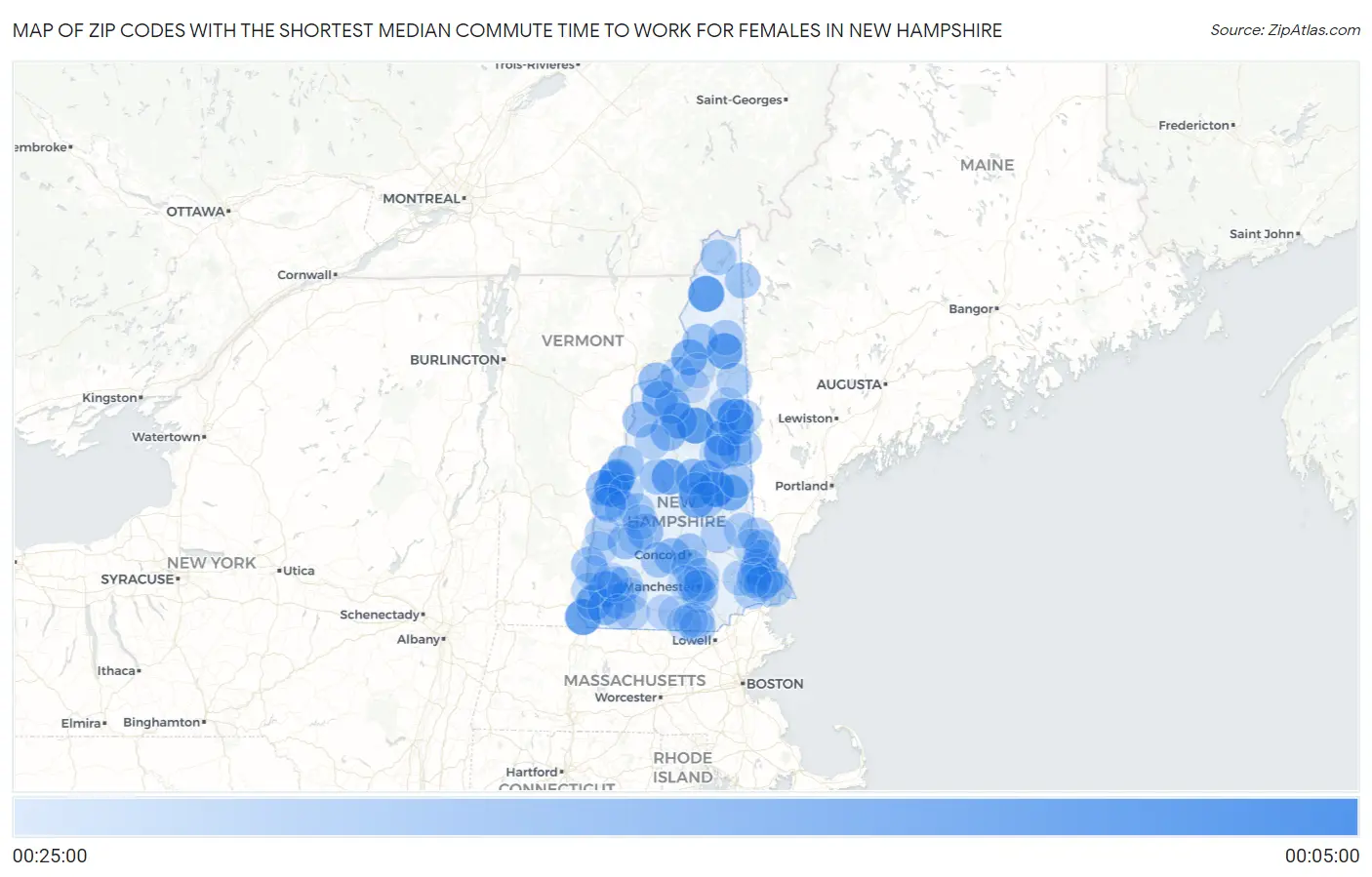 Zip Codes with the Shortest Median Commute Time to Work for Females in New Hampshire Map