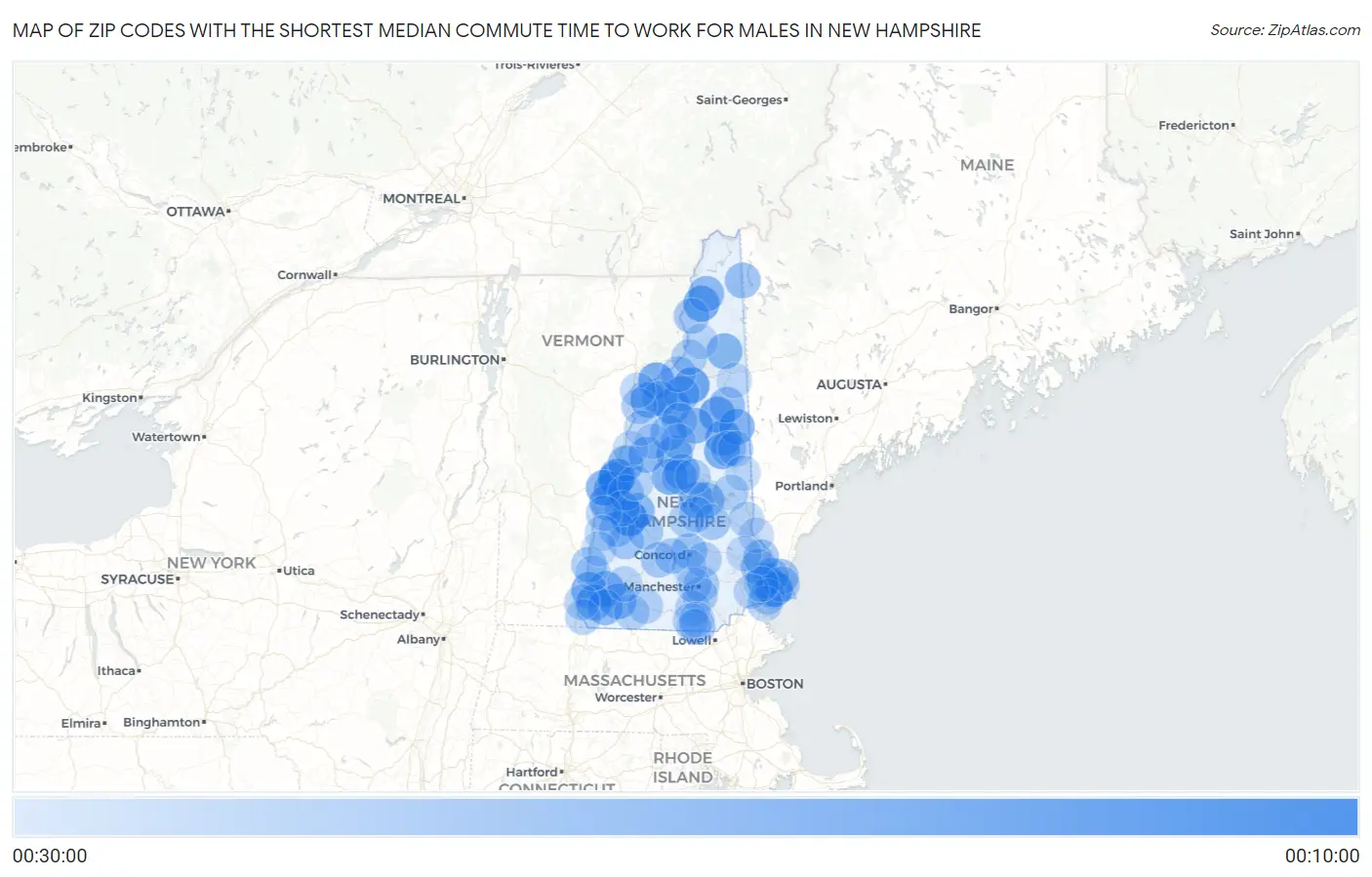 Zip Codes with the Shortest Median Commute Time to Work for Males in New Hampshire Map
