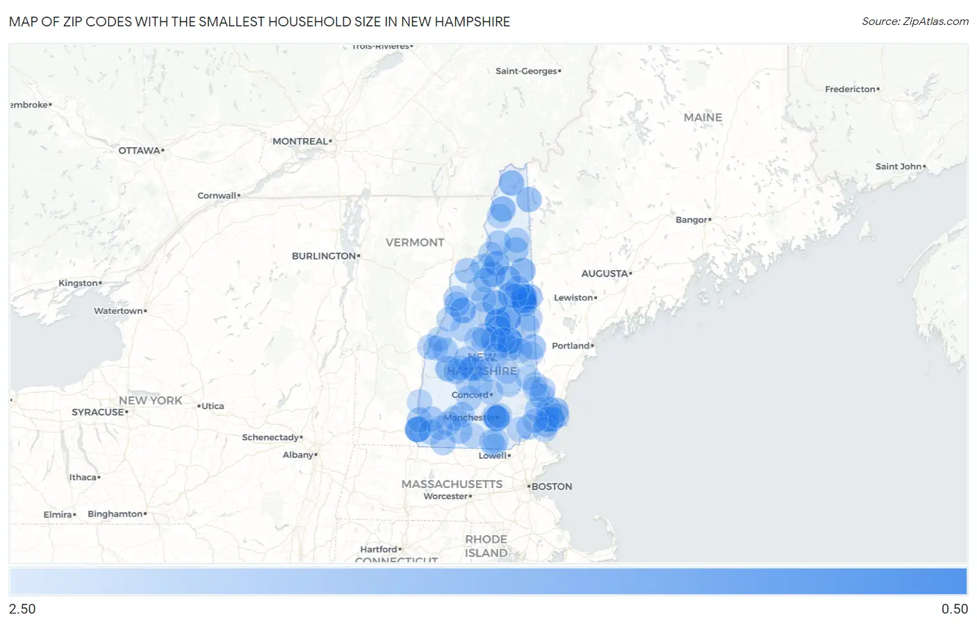 Zip Codes with the Smallest Household Size in New Hampshire Map