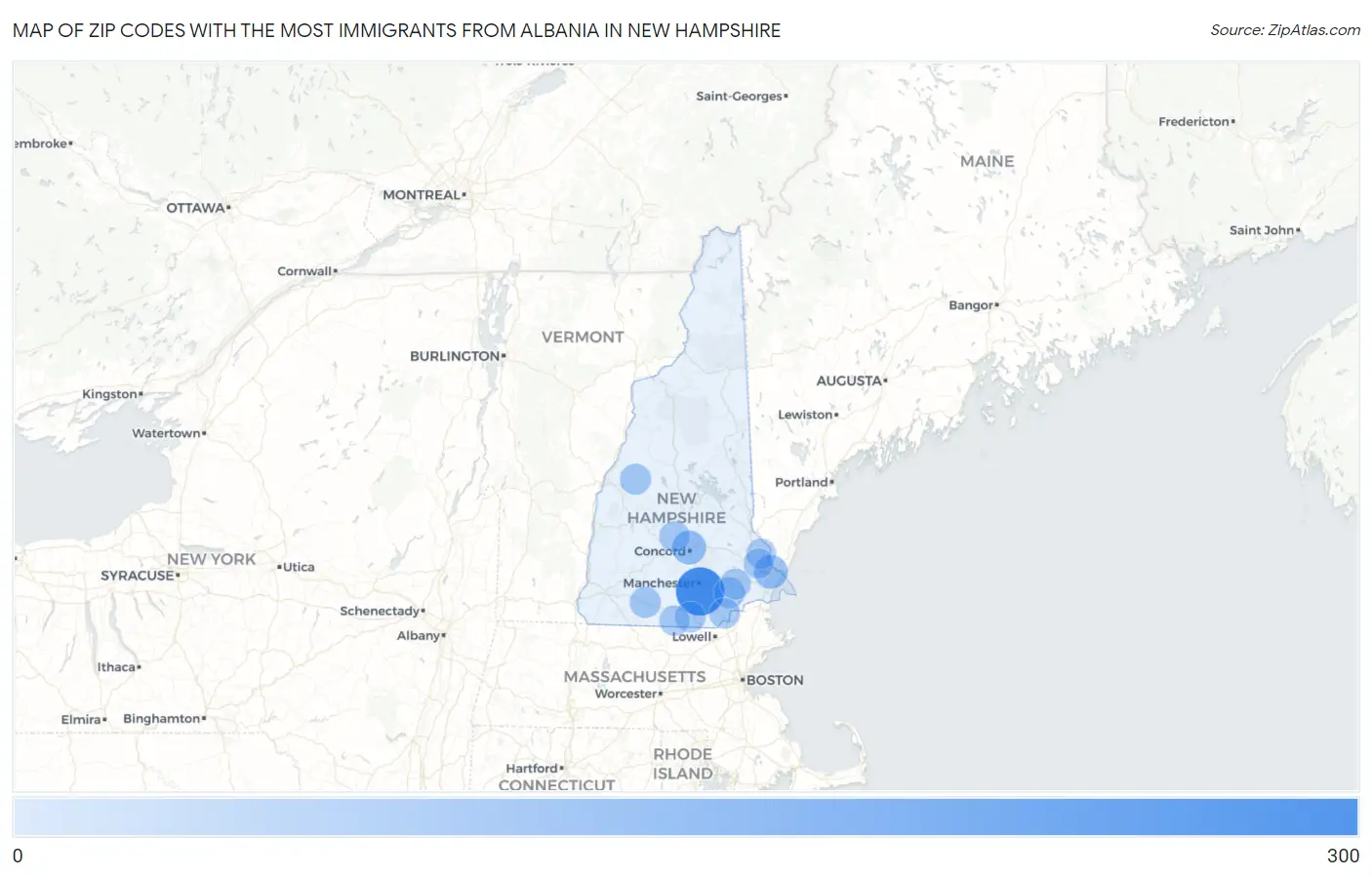 Zip Codes with the Most Immigrants from Albania in New Hampshire Map