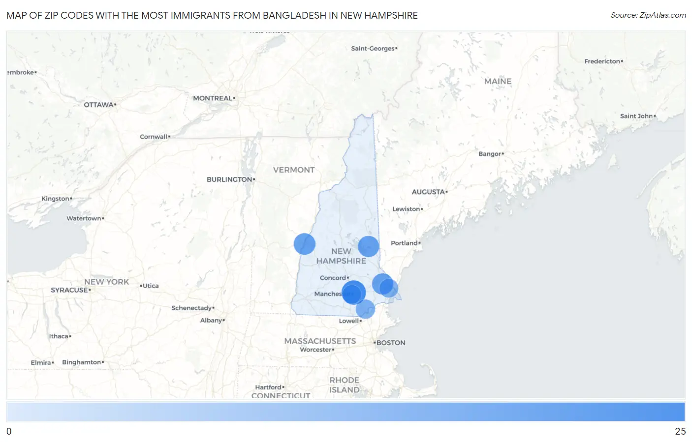 Zip Codes with the Most Immigrants from Bangladesh in New Hampshire Map