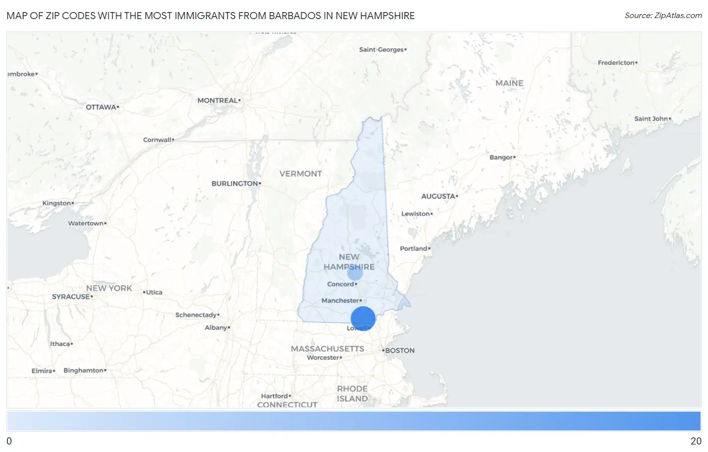 Zip Codes with the Most Immigrants from Barbados in New Hampshire Map