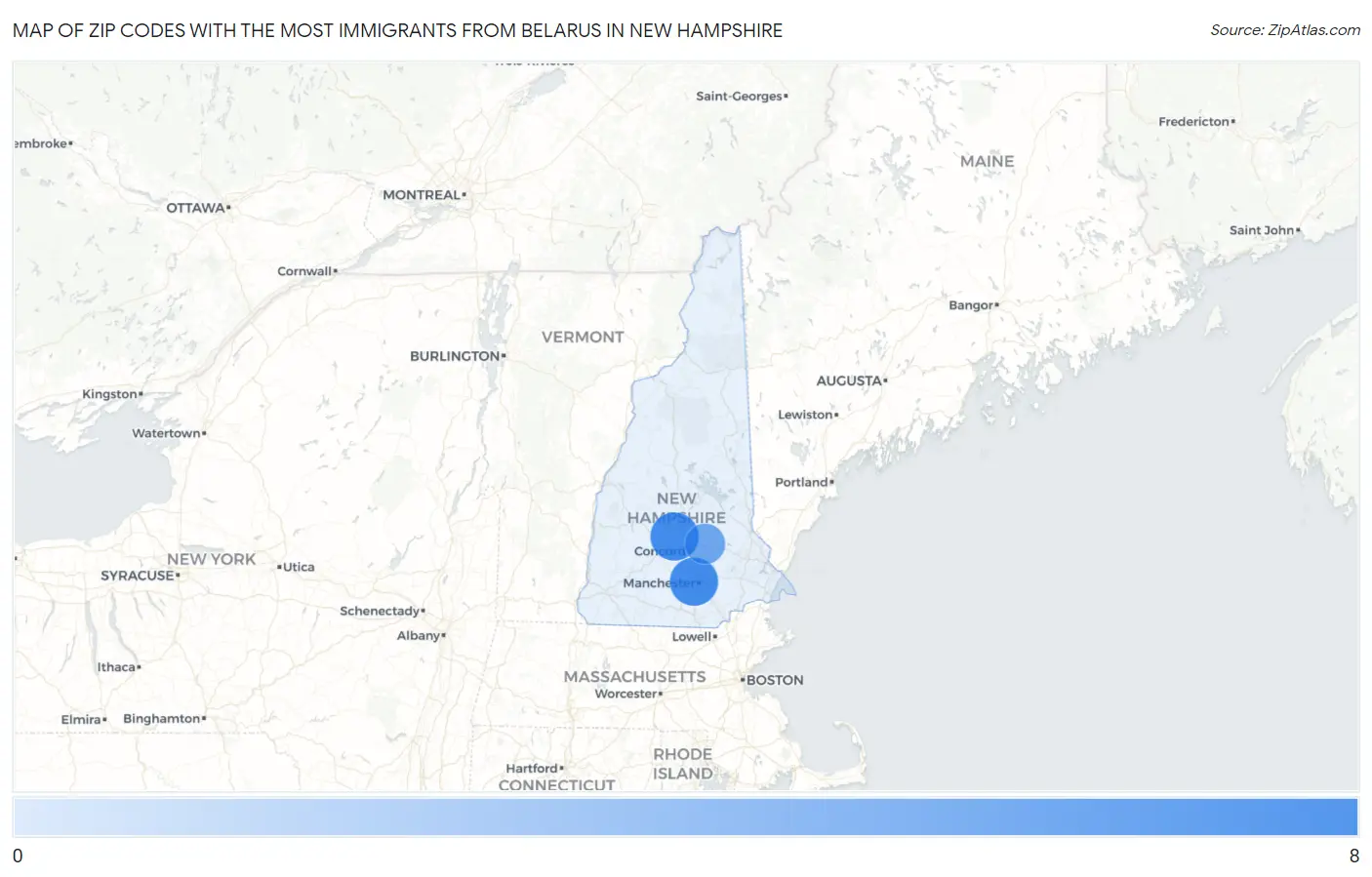 Zip Codes with the Most Immigrants from Belarus in New Hampshire Map