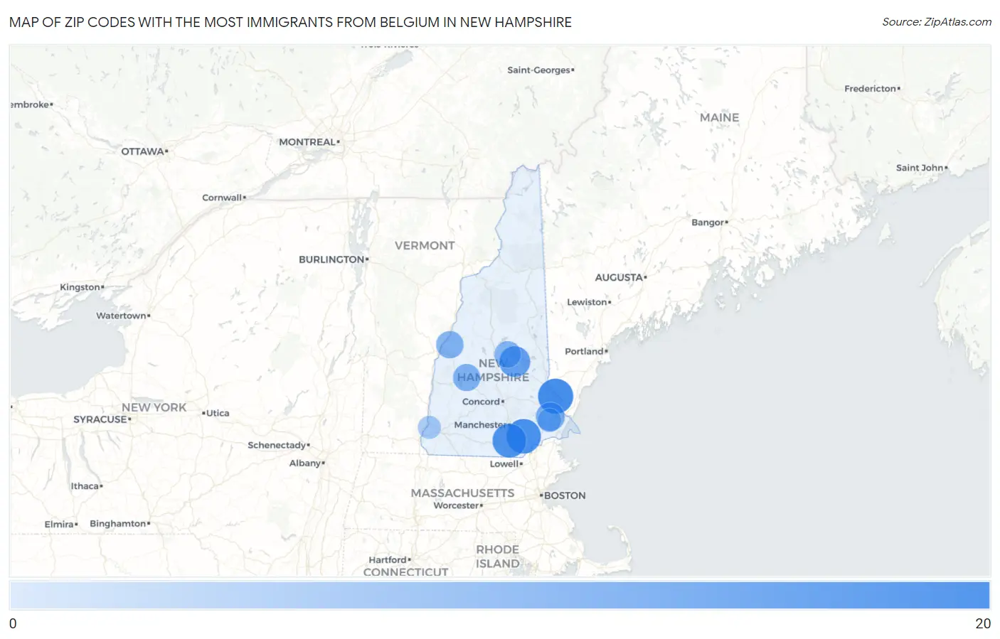 Zip Codes with the Most Immigrants from Belgium in New Hampshire Map
