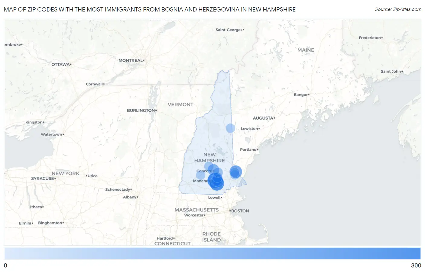 Zip Codes with the Most Immigrants from Bosnia and Herzegovina in New Hampshire Map