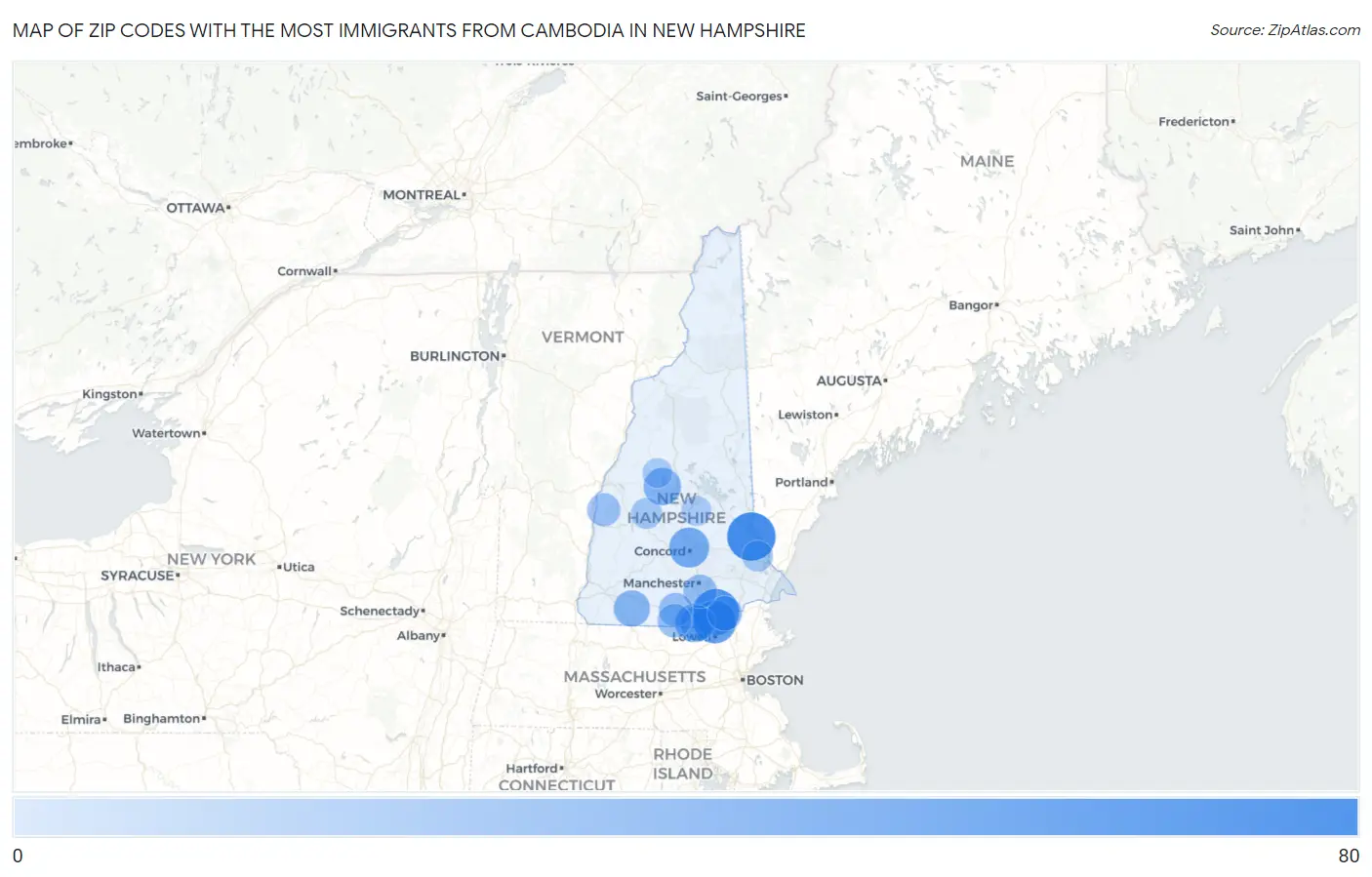 Zip Codes with the Most Immigrants from Cambodia in New Hampshire Map