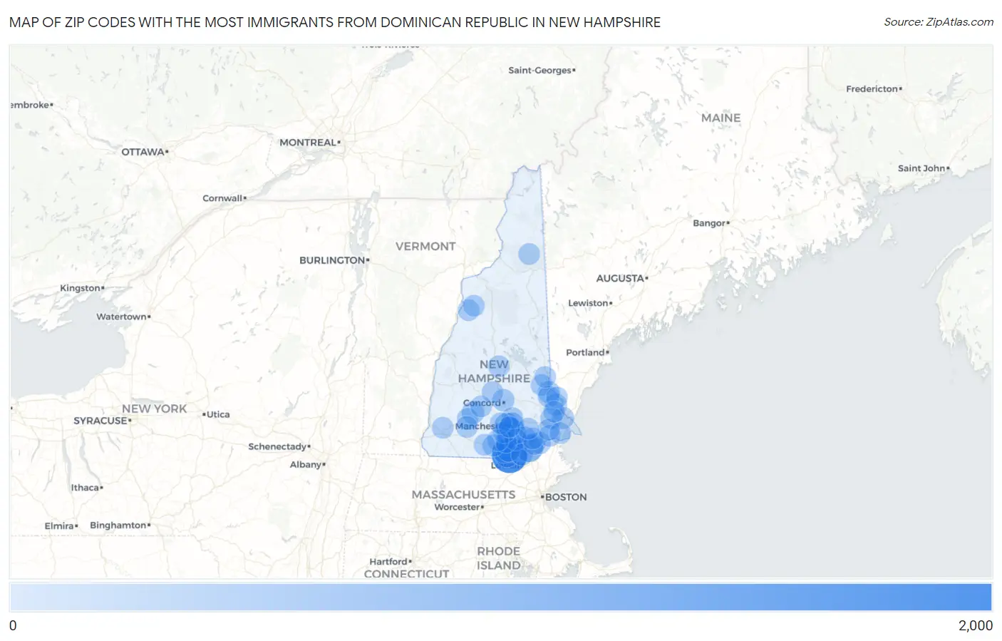 Zip Codes with the Most Immigrants from Dominican Republic in New Hampshire Map