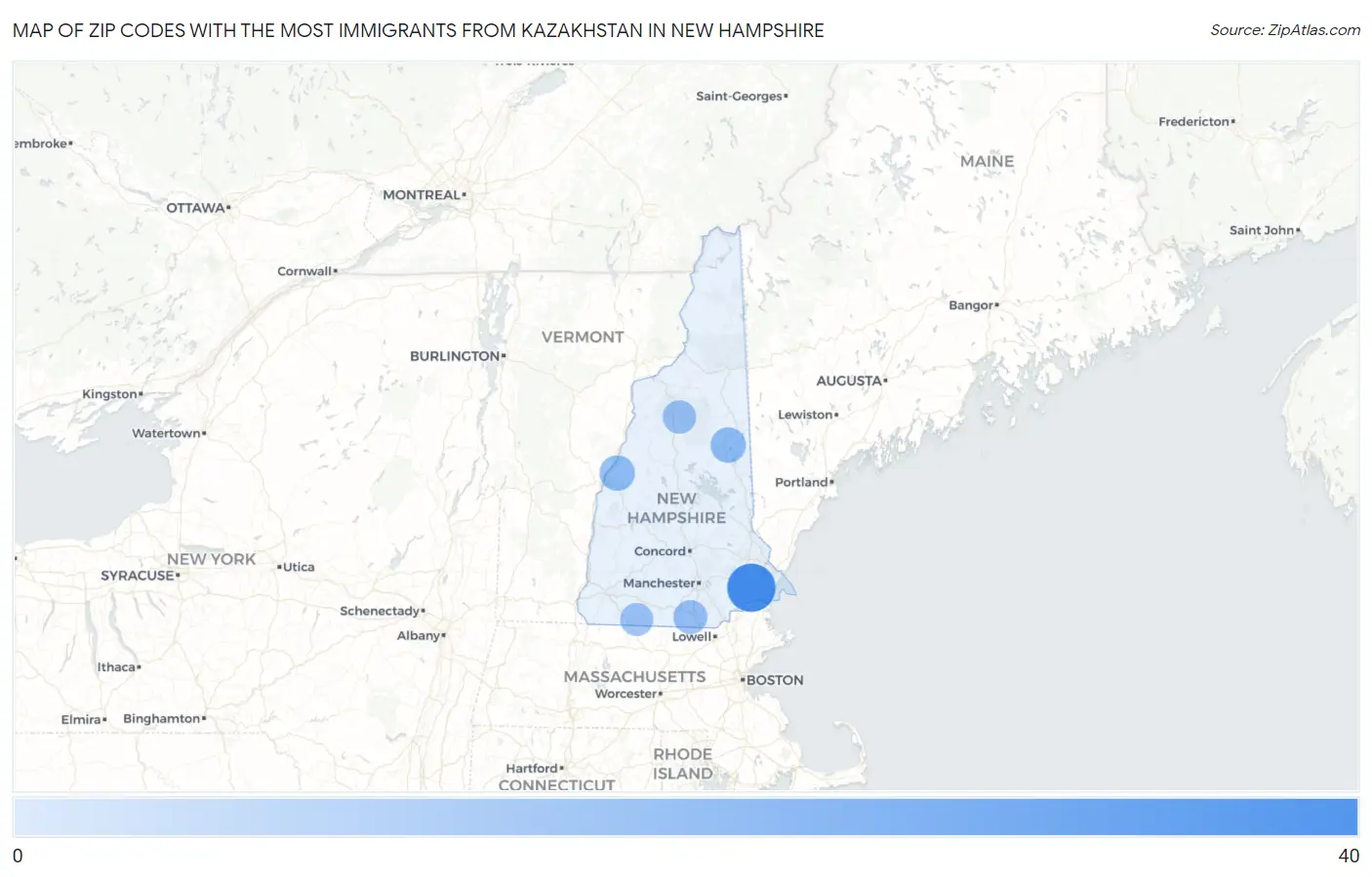 Zip Codes with the Most Immigrants from Kazakhstan in New Hampshire Map