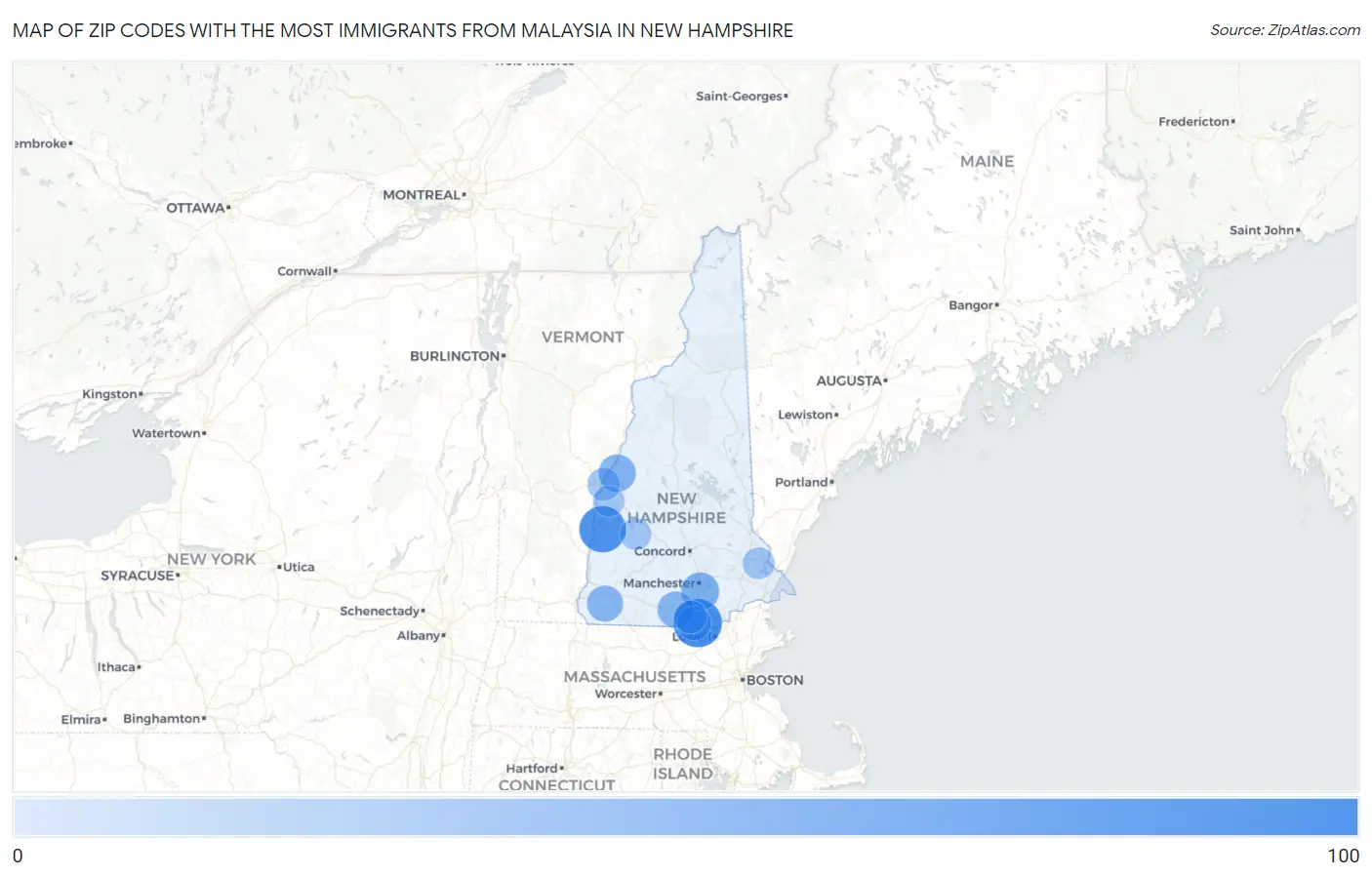 Zip Codes with the Most Immigrants from Malaysia in New Hampshire Map