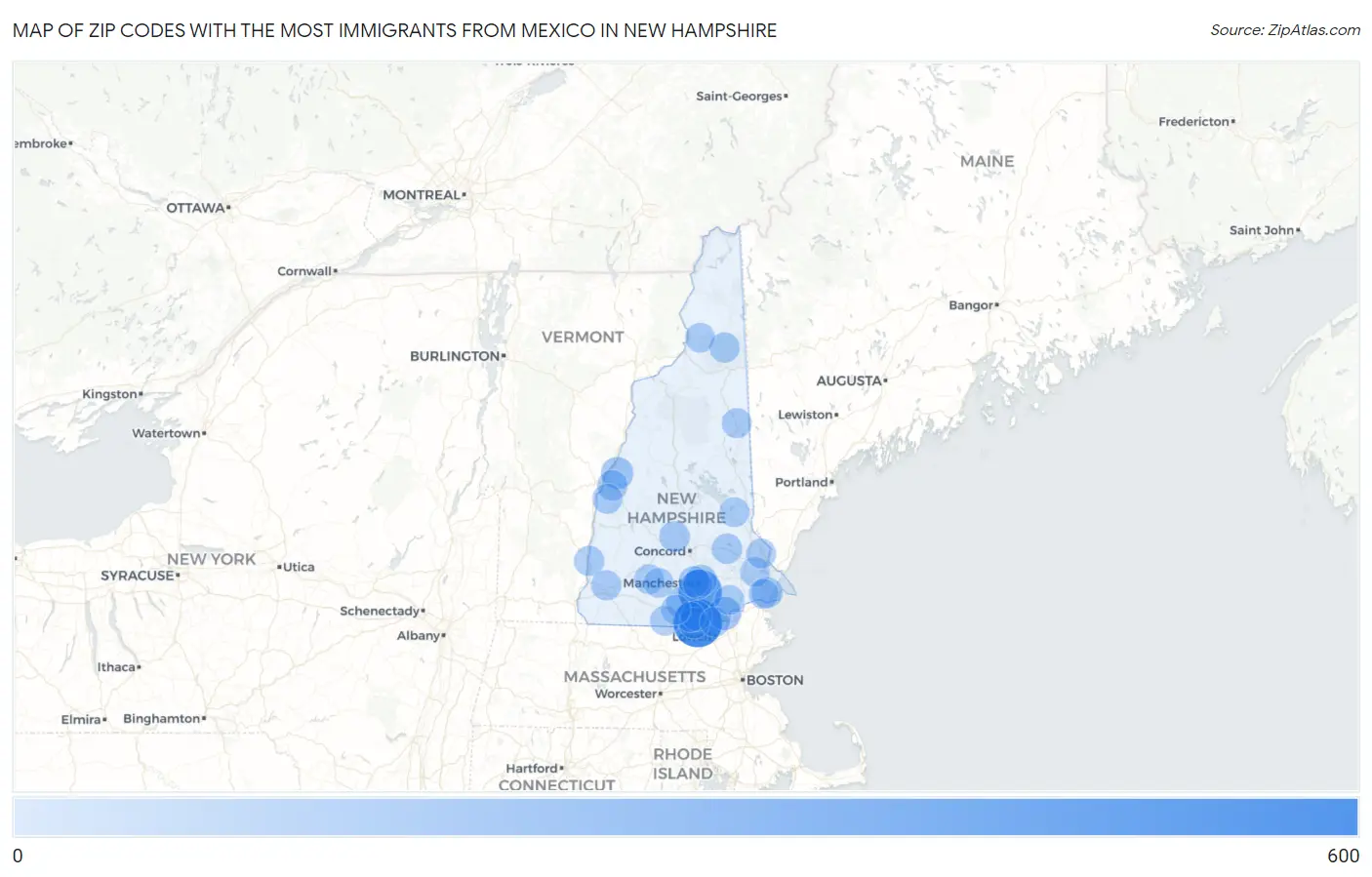 Zip Codes with the Most Immigrants from Mexico in New Hampshire Map