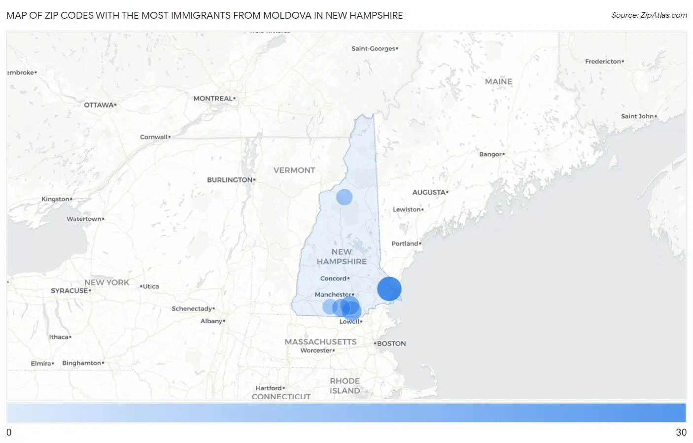 Zip Codes with the Most Immigrants from Moldova in New Hampshire Map