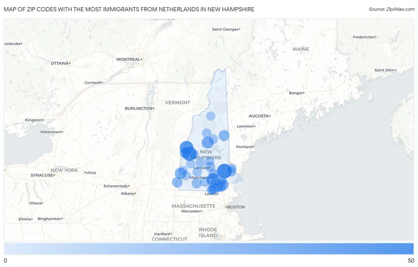 Zip Codes with the Most Immigrants from Netherlands in New Hampshire Map