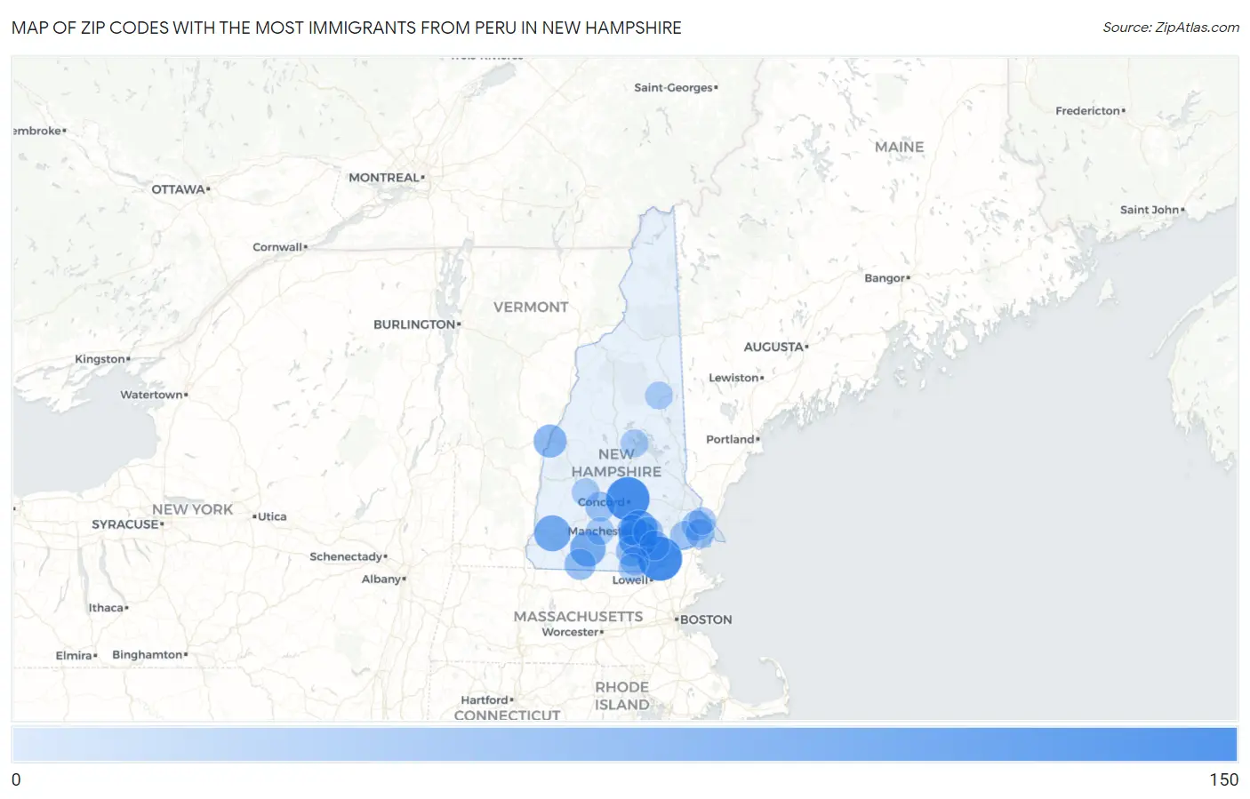 Zip Codes with the Most Immigrants from Peru in New Hampshire Map