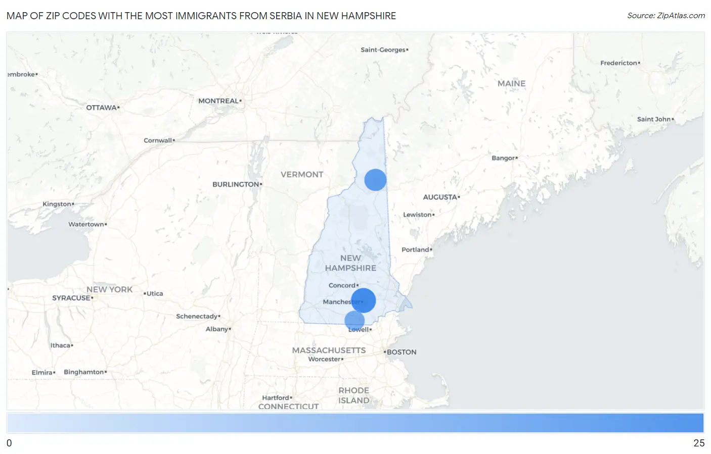 Zip Codes with the Most Immigrants from Serbia in New Hampshire Map