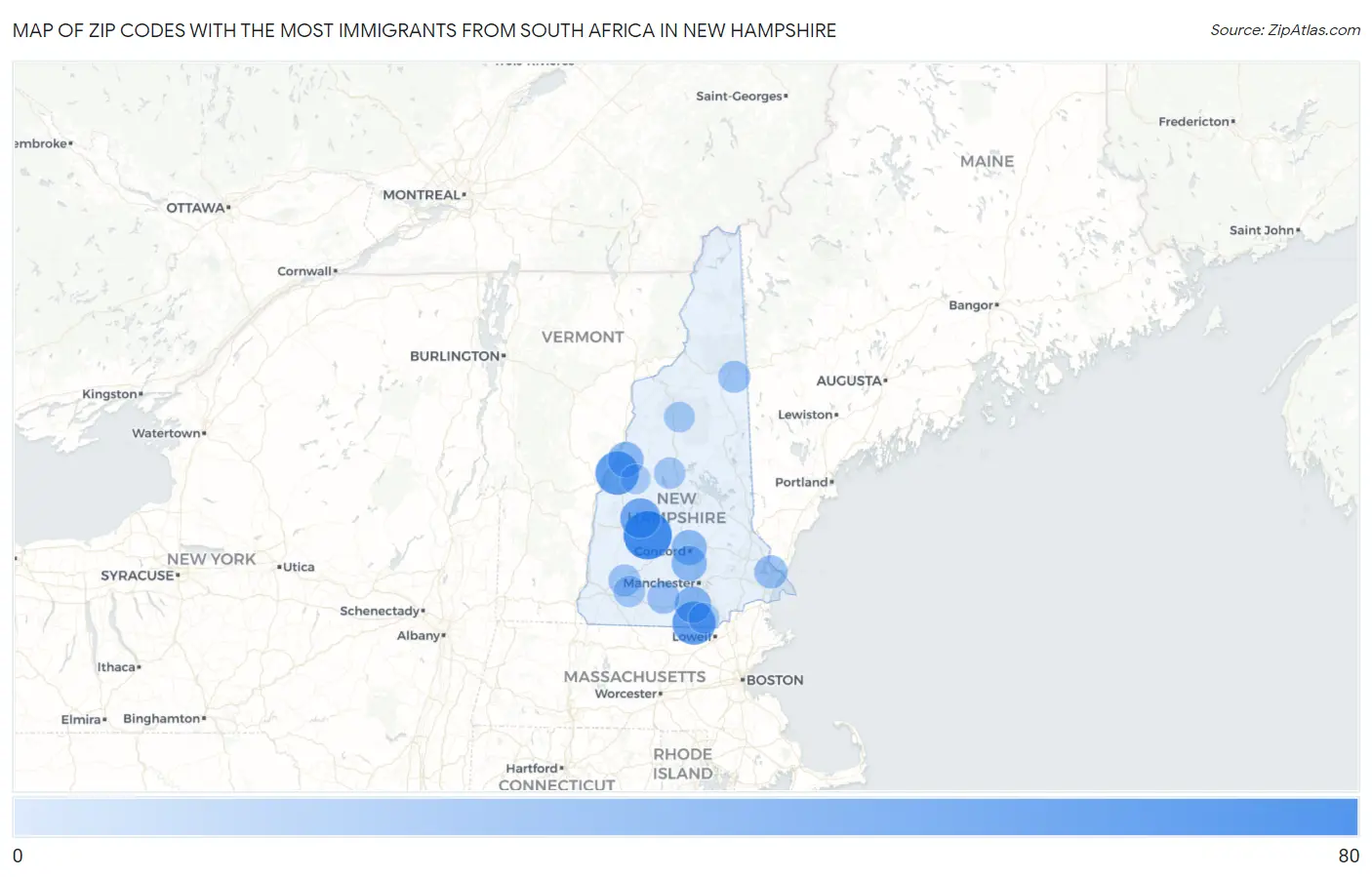 Zip Codes with the Most Immigrants from South Africa in New Hampshire Map