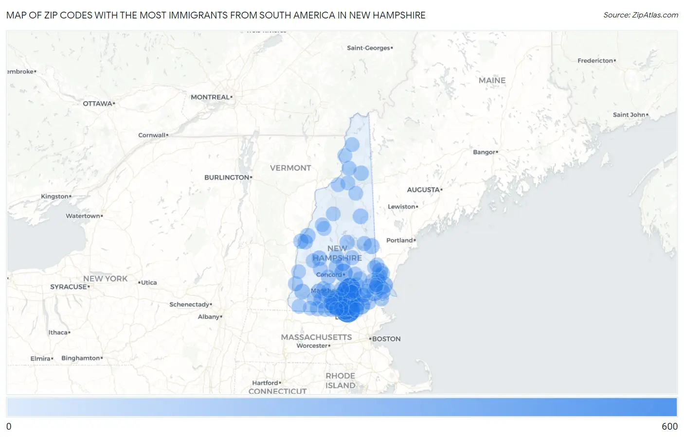 Zip Codes with the Most Immigrants from South America in New Hampshire Map