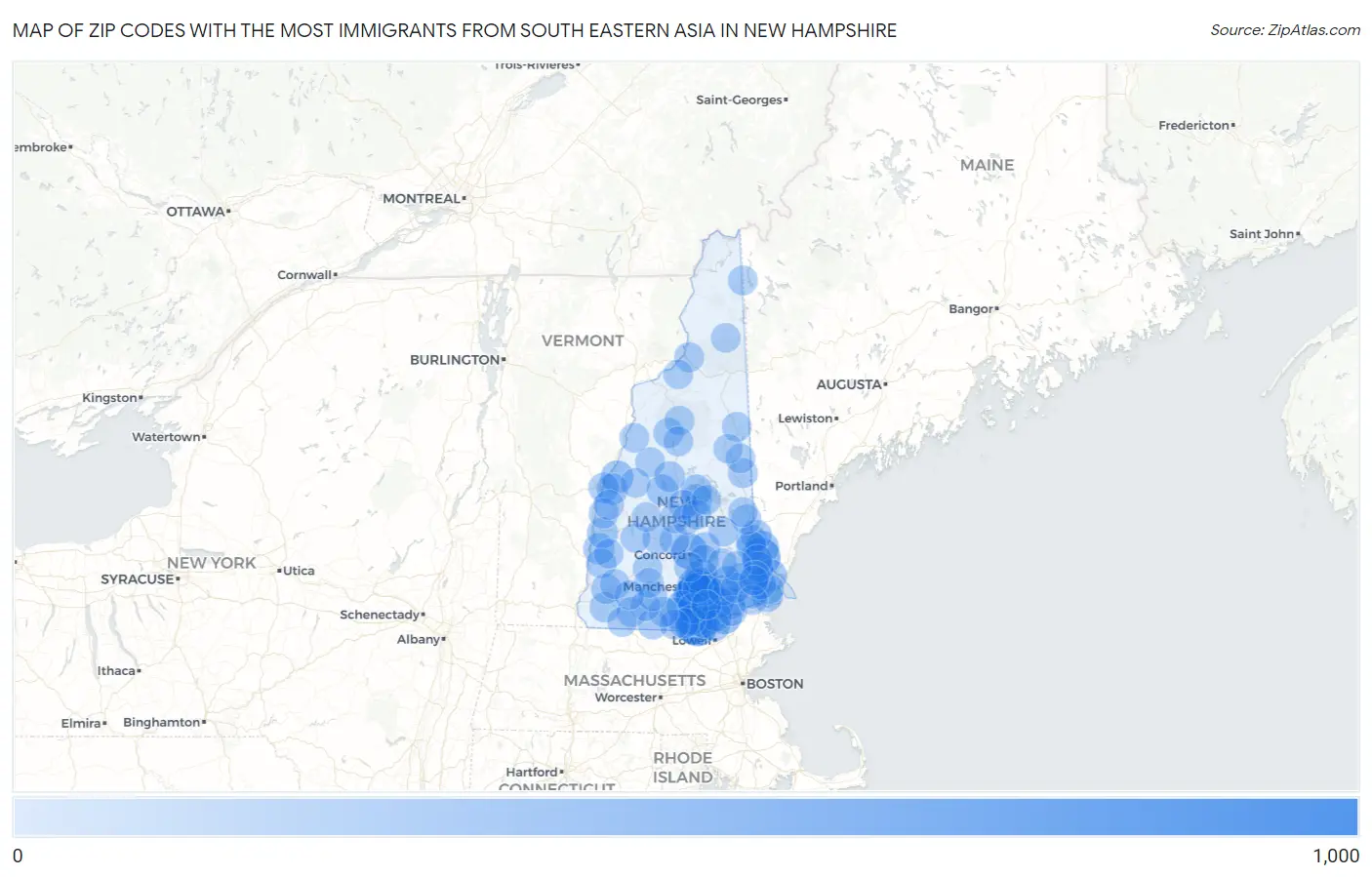Zip Codes with the Most Immigrants from South Eastern Asia in New Hampshire Map