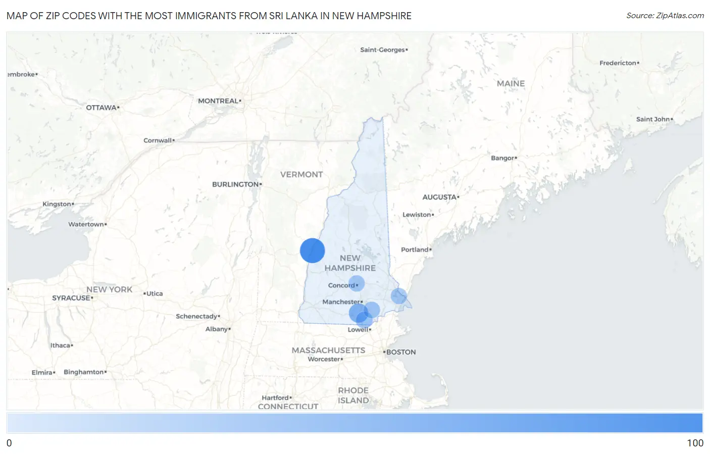 Zip Codes with the Most Immigrants from Sri Lanka in New Hampshire Map