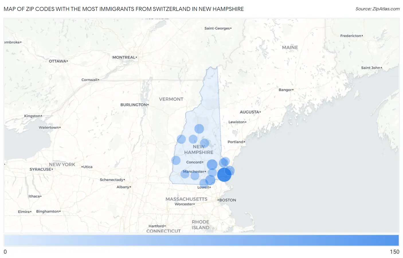 Zip Codes with the Most Immigrants from Switzerland in New Hampshire Map