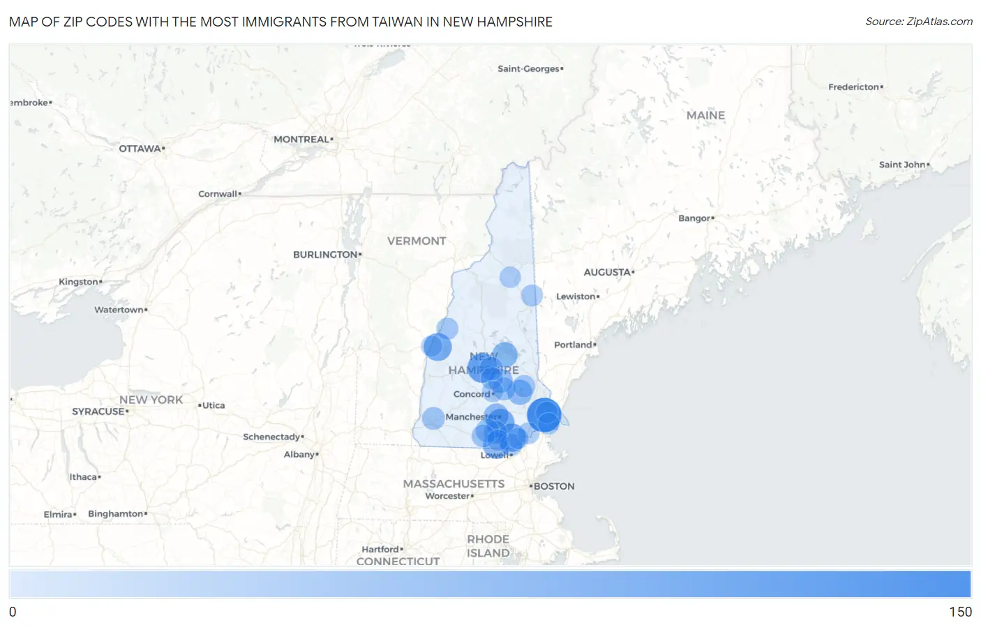 Zip Codes with the Most Immigrants from Taiwan in New Hampshire Map