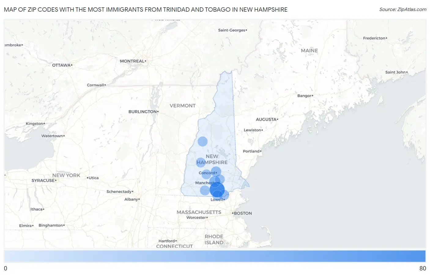 Zip Codes with the Most Immigrants from Trinidad and Tobago in New Hampshire Map