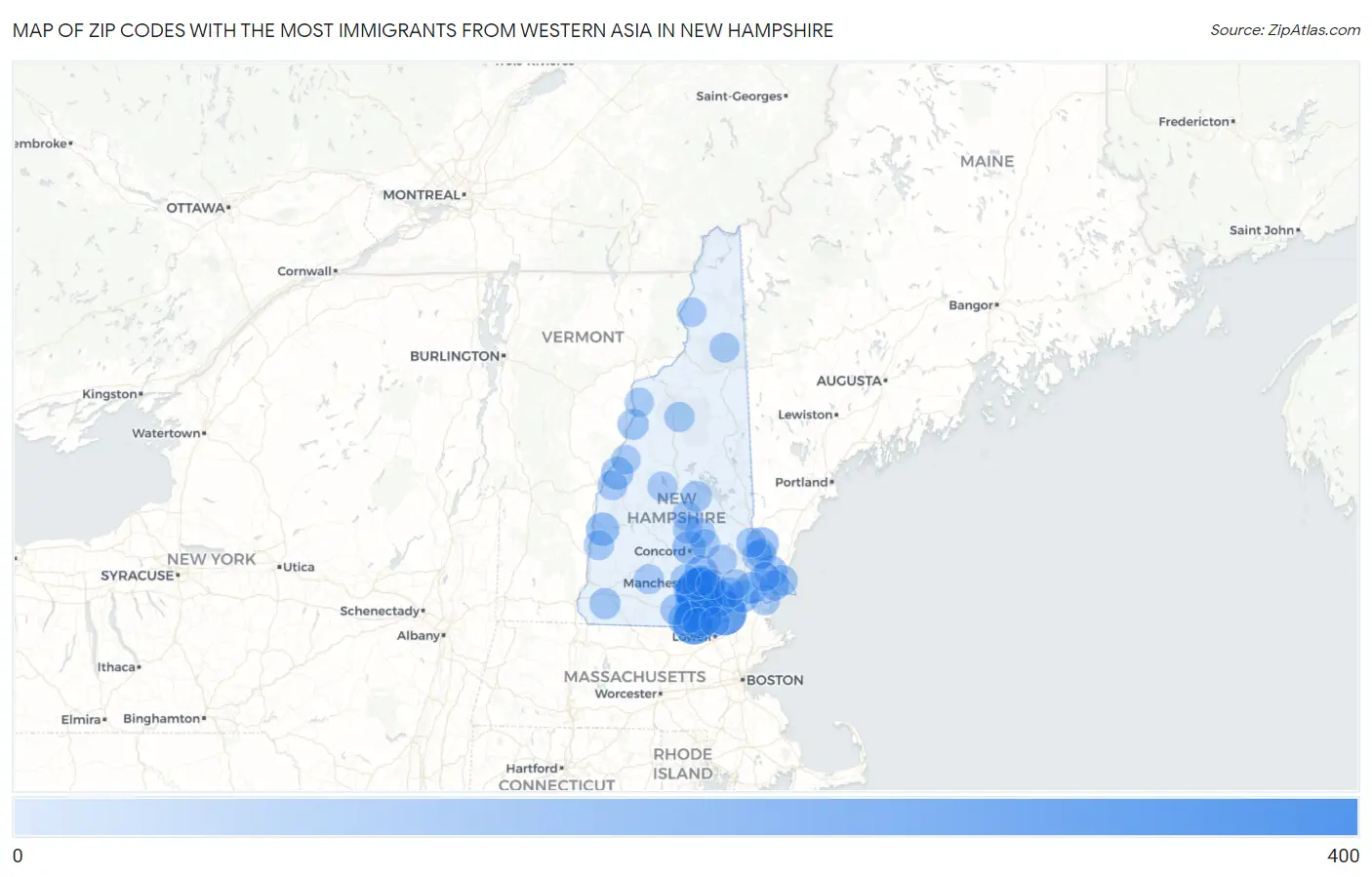 Zip Codes with the Most Immigrants from Western Asia in New Hampshire Map
