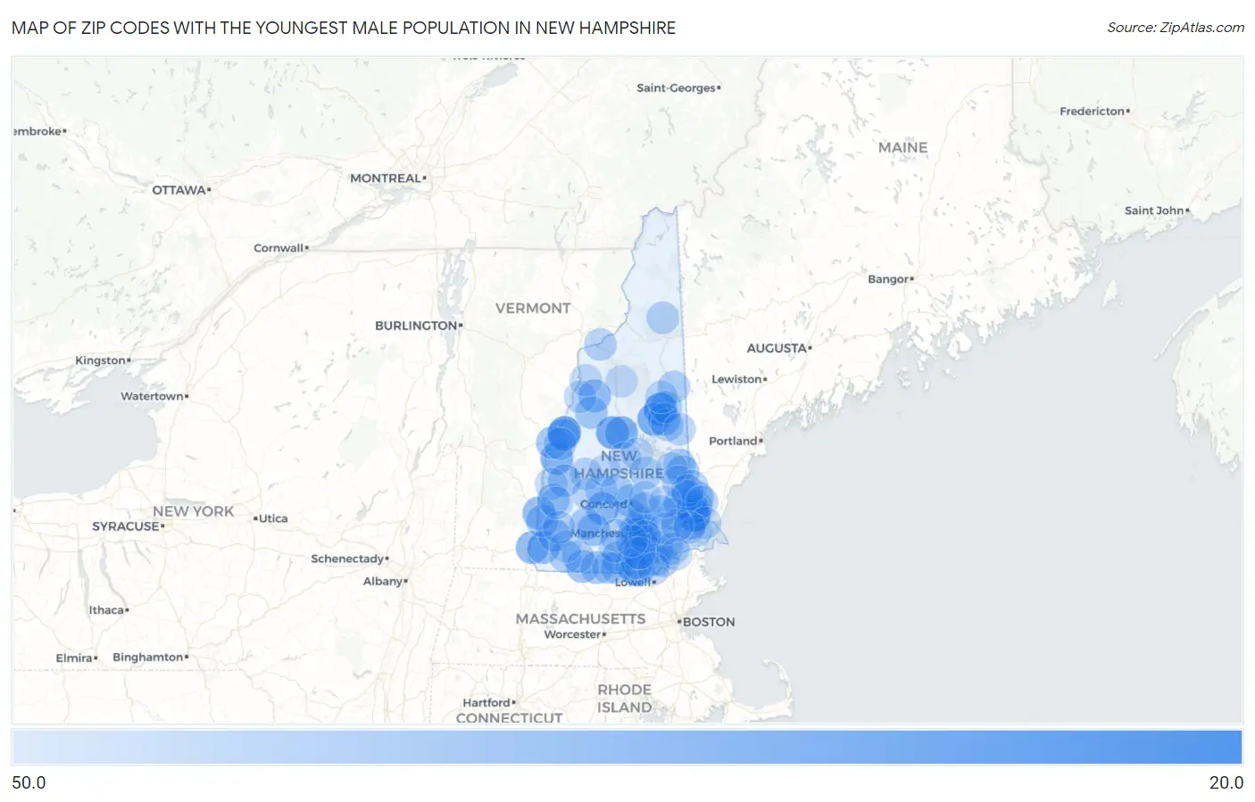Zip Codes with the Youngest Male Population in New Hampshire Map