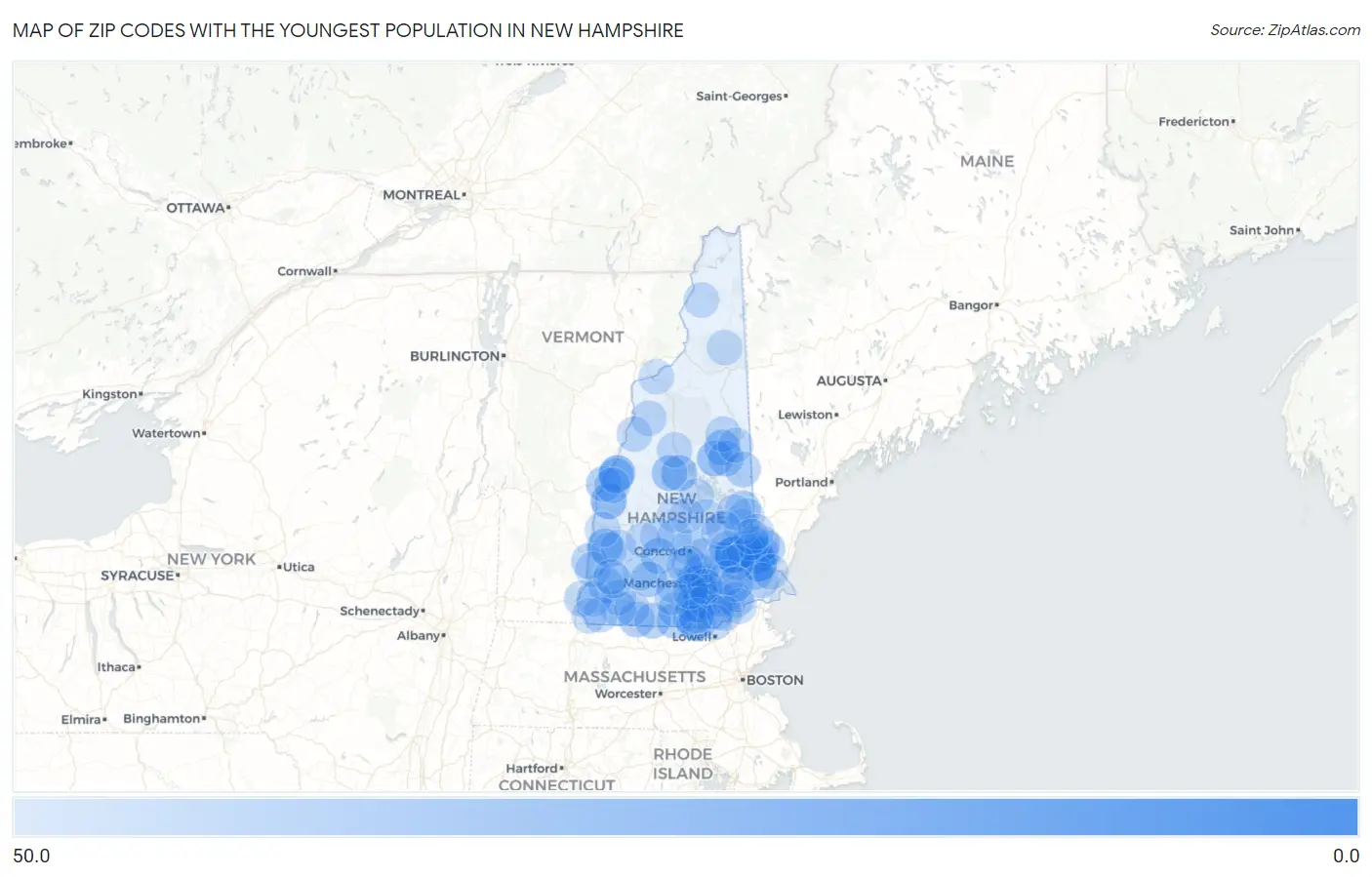 Zip Codes with the Youngest Population in New Hampshire Map