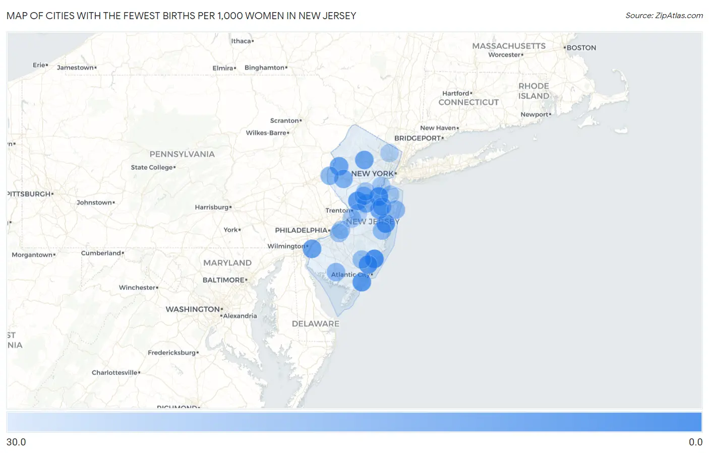 Cities with the Fewest Births per 1,000 Women in New Jersey Map