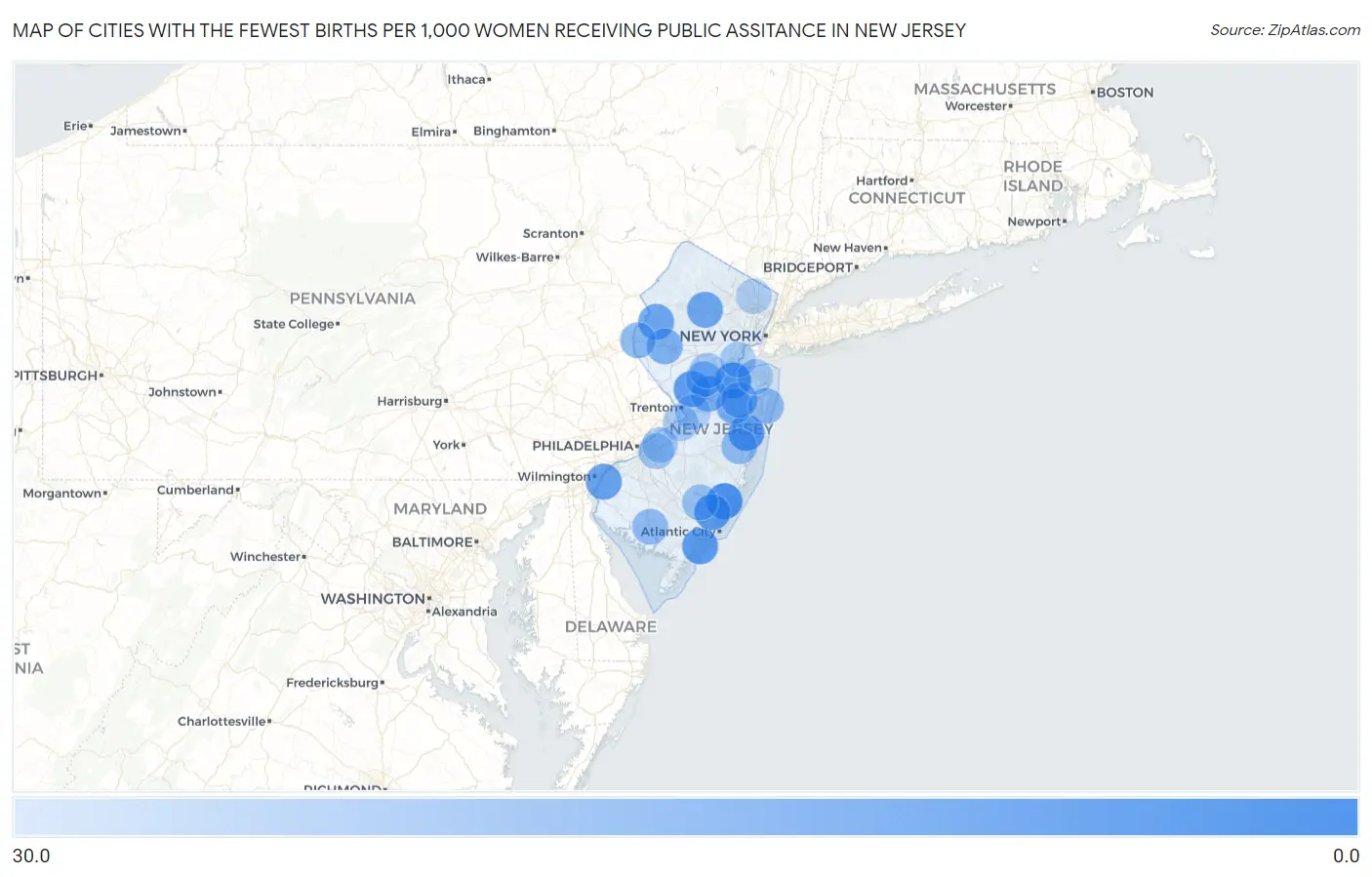 Cities with the Fewest Births per 1,000 Women Receiving Public Assitance in New Jersey Map