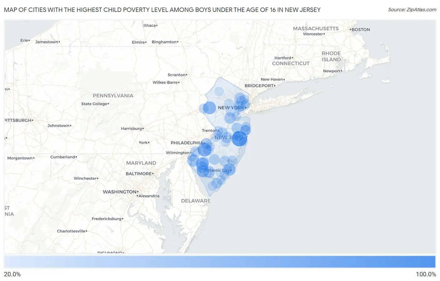 Cities with the Highest Child Poverty Level Among Boys Under the Age of 16 in New Jersey Map